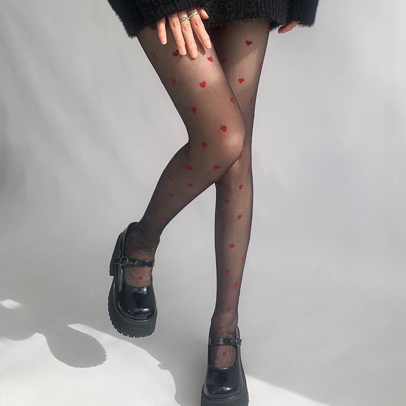 Red Small Love Stockings Ultra-thin Transparent Black Silk Polka Dot Pantyhose Anti-snagging