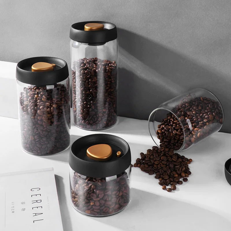 Vacuum Sealed Jug Set Black Coffee Beans Glass Airtight Canister Kitchen Food Grains Candy Keep Good Storage Jar Set Kitchen Gadgets